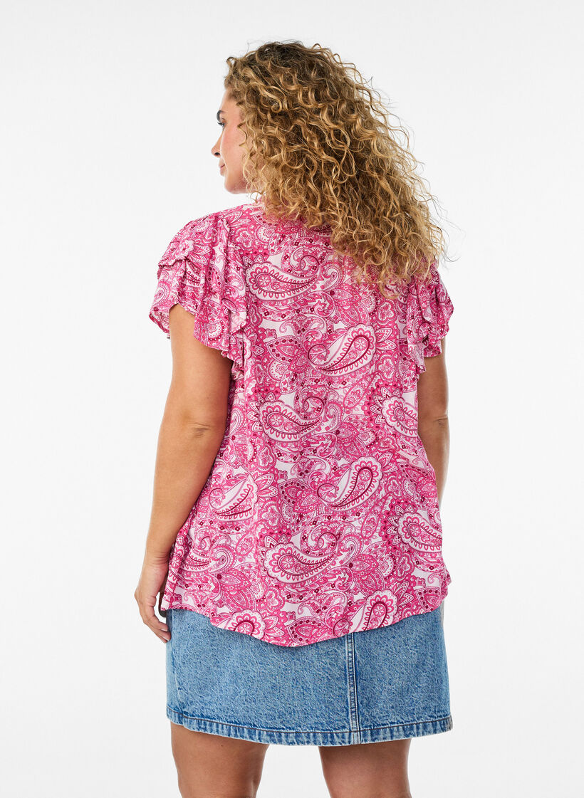 Patterned viscose blouse with ruffle details, Pink, Model image number 2