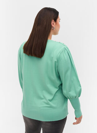 Knitted ribbed sweater with balloon sleeves, Dusty Jade Green Mel, Model image number 1