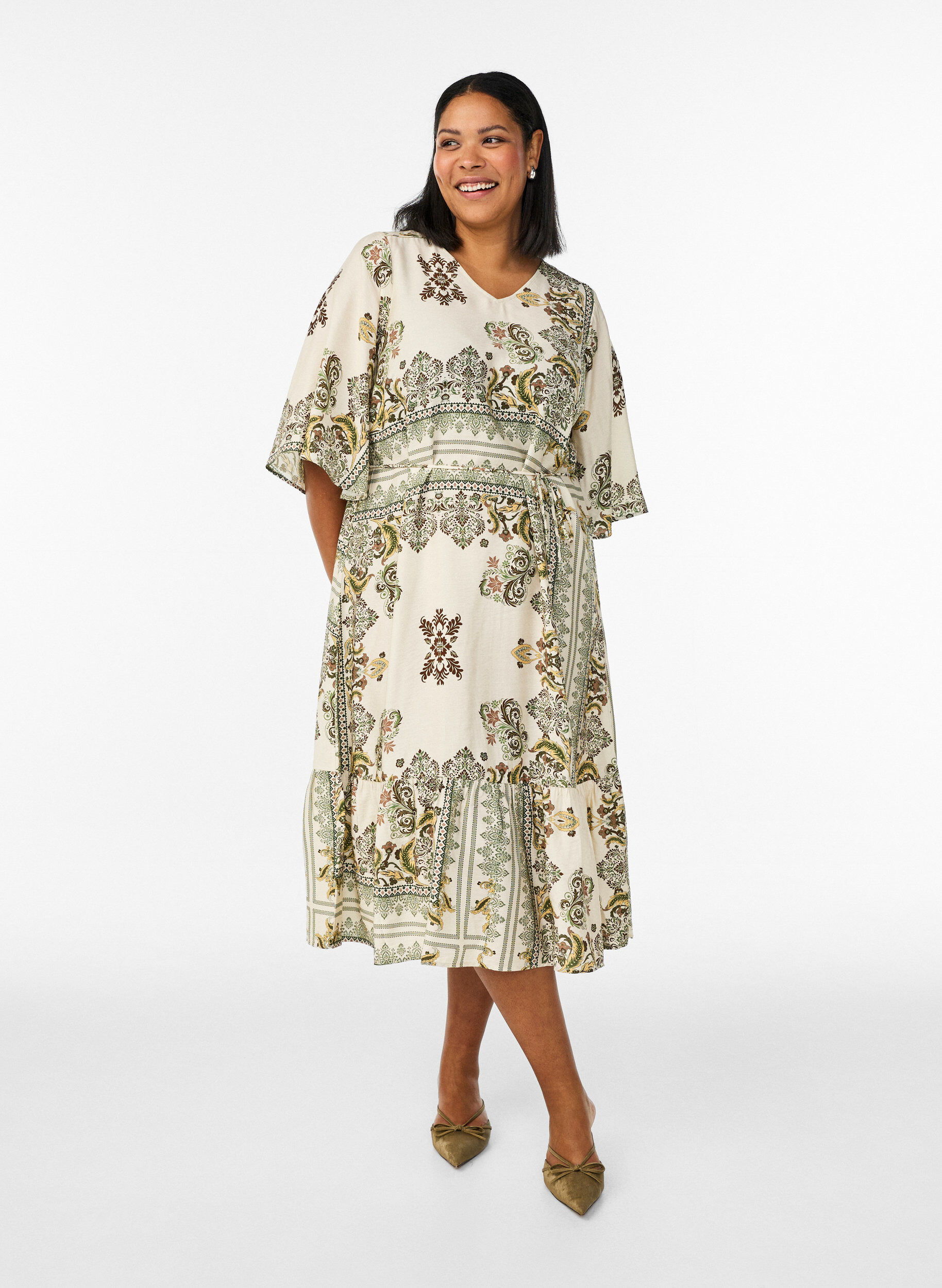 Zizzifashion Patterned midi dress in viscose with tie belt, Green, Model image number 0