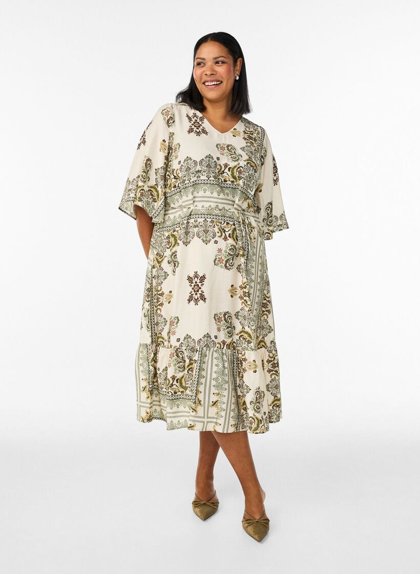 Patterned midi dress in viscose with tie belt, Green, Model image number 0