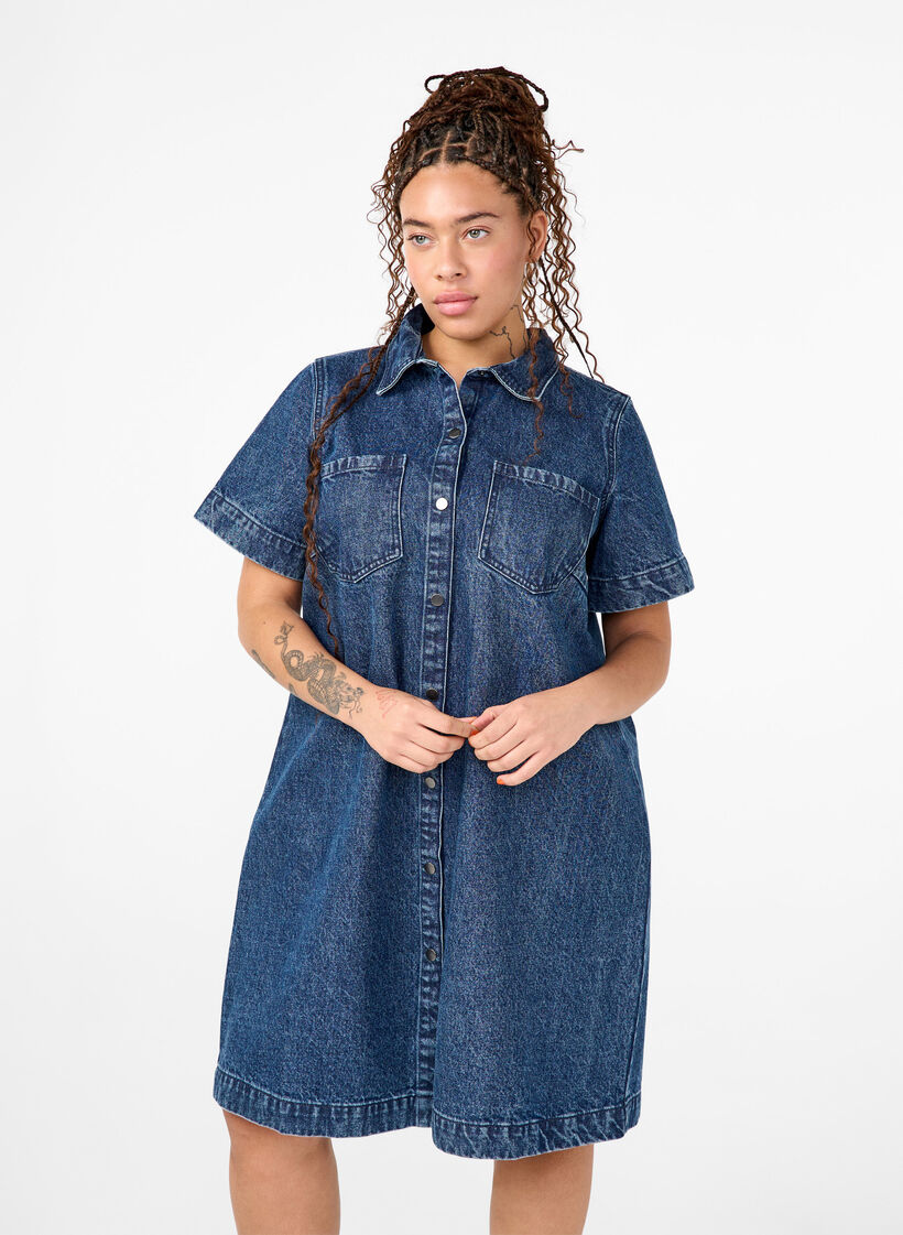 Long denim shirt with short sleeves, Blue Denim, Model image number 0