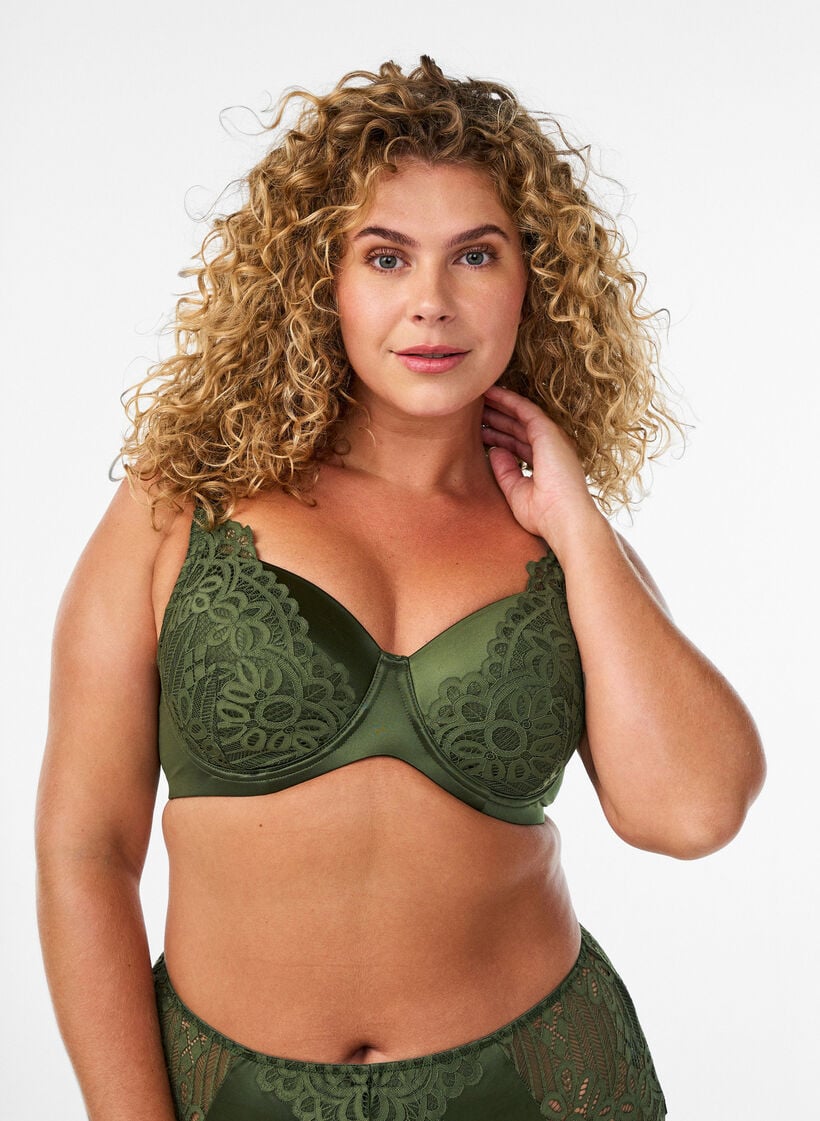Padded underwired bra with lace, Green, Model image number 0