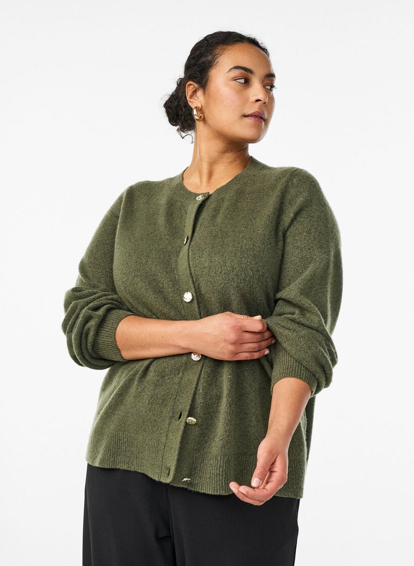 Cardigan in soft knit with gold-coloured buttons, Green, Model image number 0
