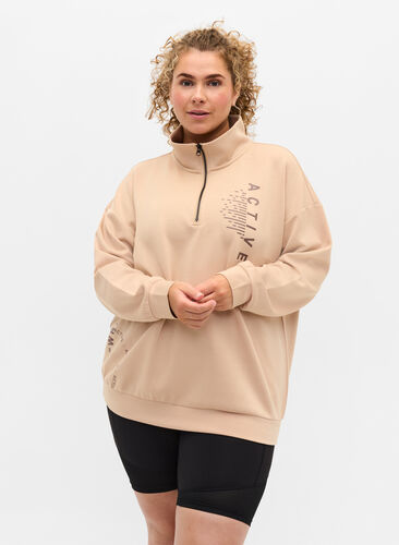 High-neck sweatshirt with zip, Oatmeal, Model image number 0