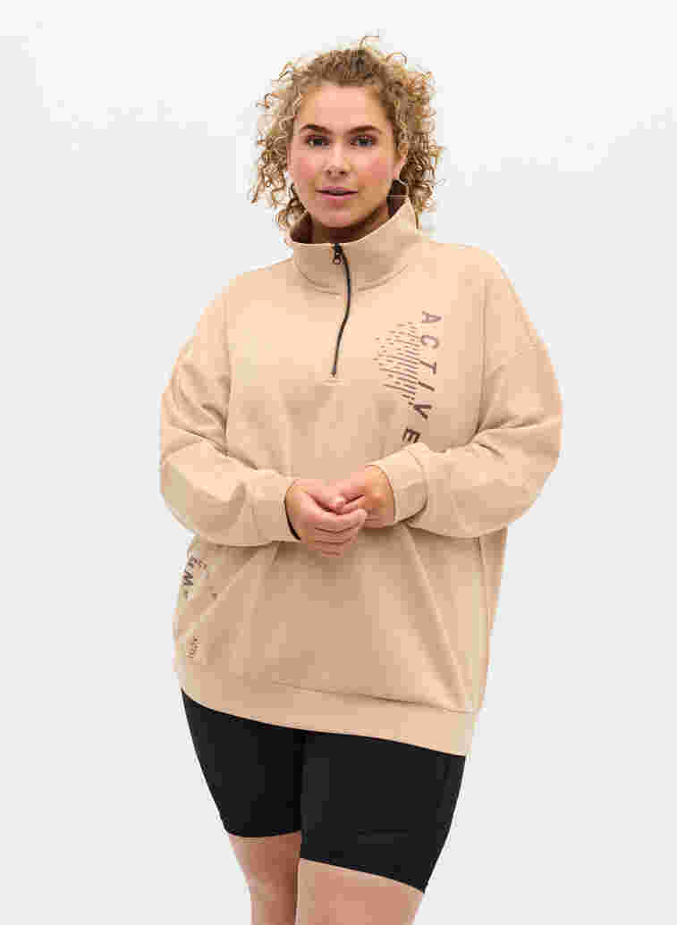 High-neck sweatshirt with zip, Oatmeal, Model