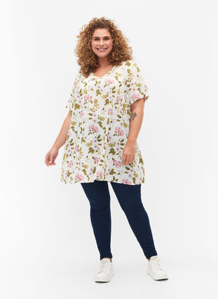 FLASH - Tunic with v neck and print, Off White Flower, Model image number 2