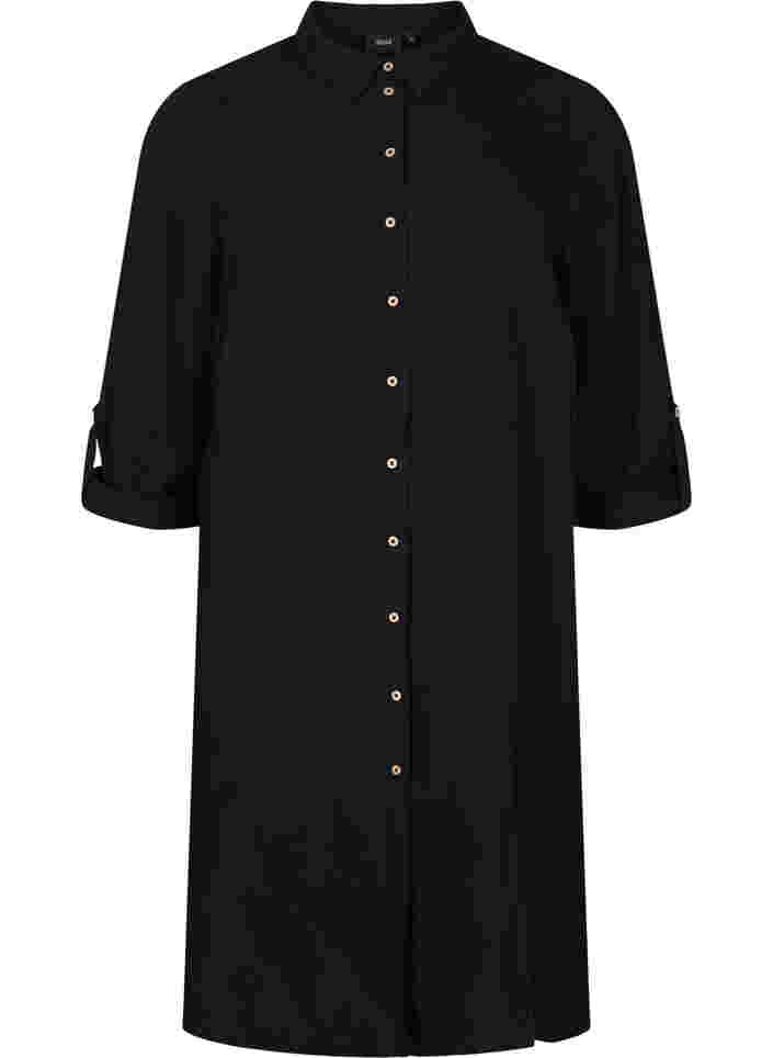 Long solid-coloured viscose shirt with 3/4 sleeves, Black, Packshot image number 0