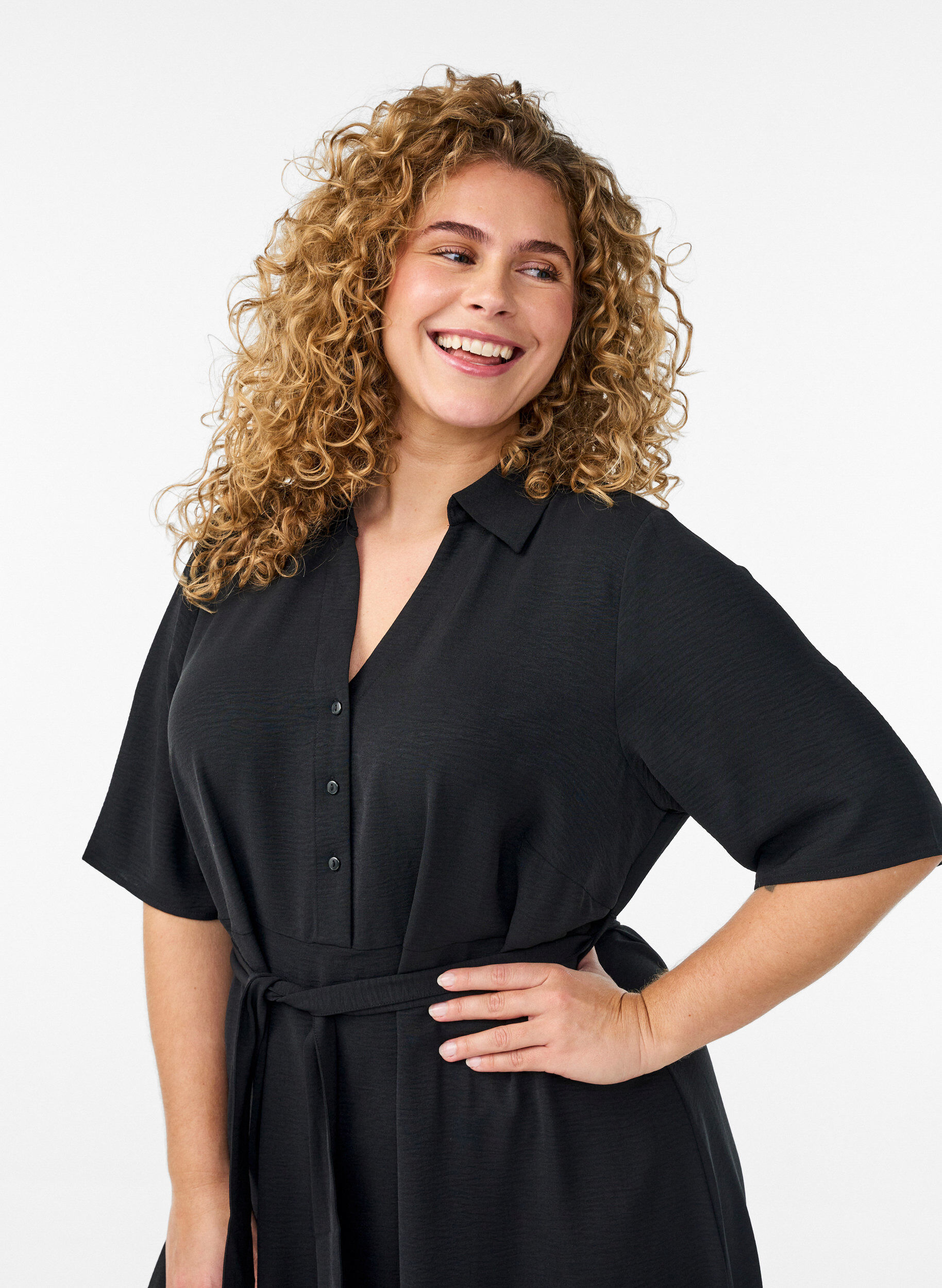 Zizzifashion Midi shirt dress with tie belt, Black, Model image number 2