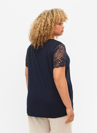 Cotton t-shirt with short lace sleeves, Navy Blazer, Model image number 1