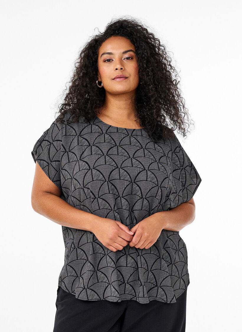 Short-sleeved blouse with print, Black Grey Graphic , Model image number 0