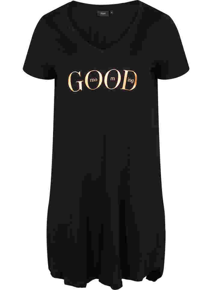 Short-sleeved cotton nightdress with print, Black GOOD, Packshot image number 0