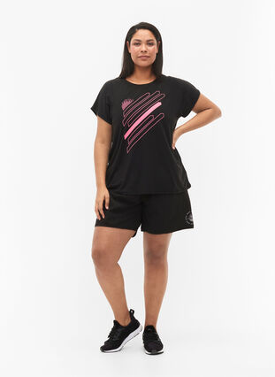 Short sleeve workout t-shirt with print, Black/Pink Print, Model image number 2