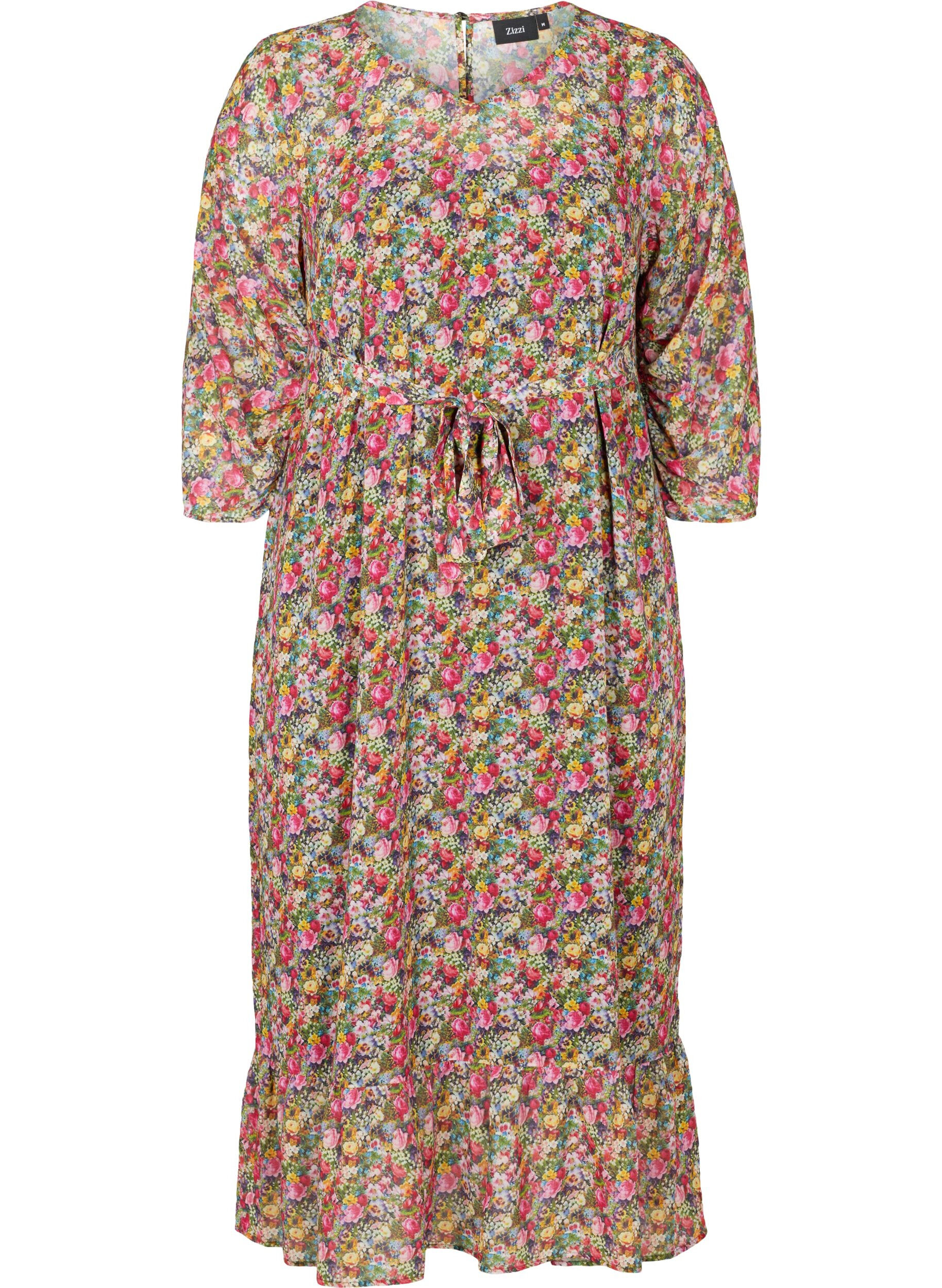 Zizzifashion Floral midi dress with a tie belt in the waist, Pink Flower AOP, Packshot image number 0