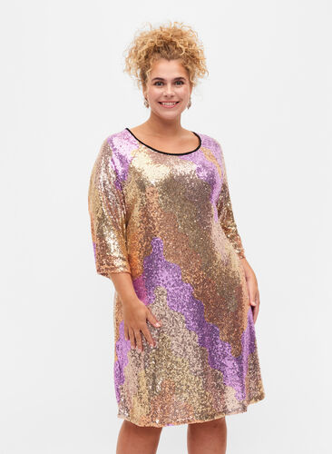 Sequin dress with 3/4 sleeves, Gold Mulit Sequins, Model image number 0