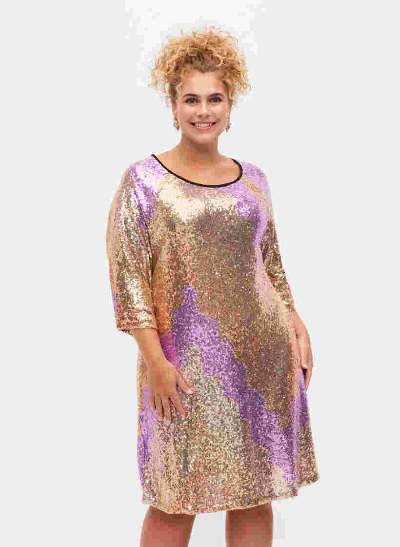 Sequin dress with 3/4 sleeves, Gold Mulit Sequins, Model