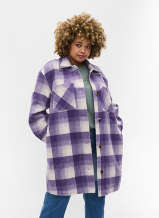 Checked shirt jacket with buttons and pockets, Purple Check, Model image number 0