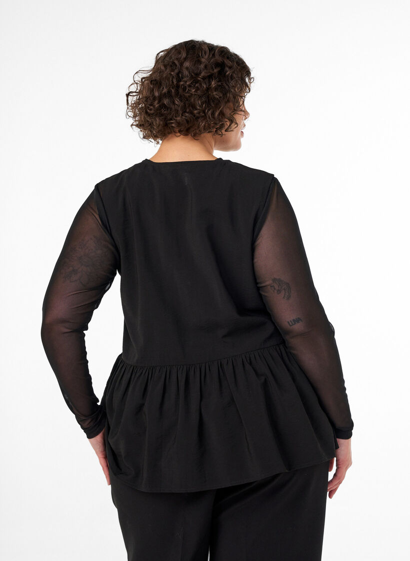 Sleeveless peplum blouse with decorative buttons, Black, Model image number 2