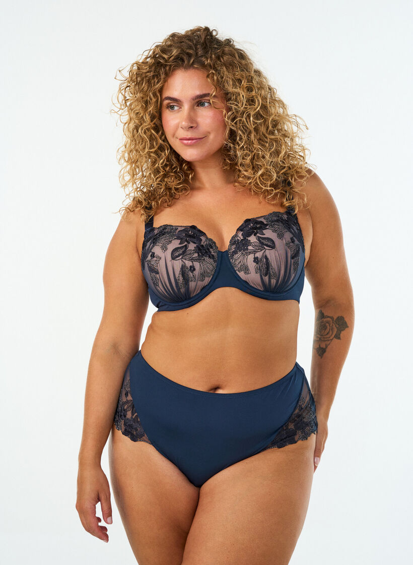 Moulded bra with floral embroidery and draped details, Blue, Model image number 1