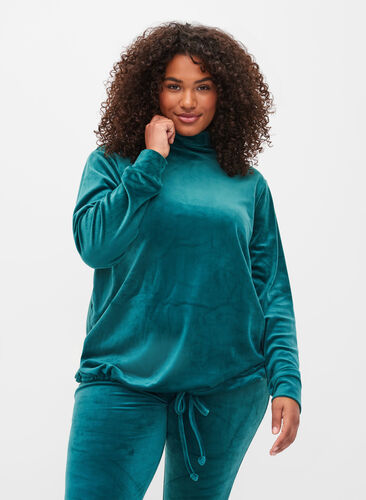 Velour top with high neck and drawstring, Ponderosa Pine, Model image number 0