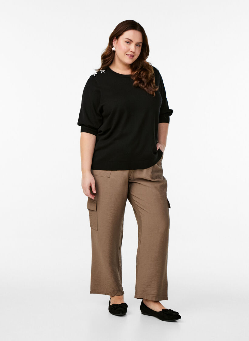 Knitted blouse with short sleeves and small bows, Black, Model image number 1