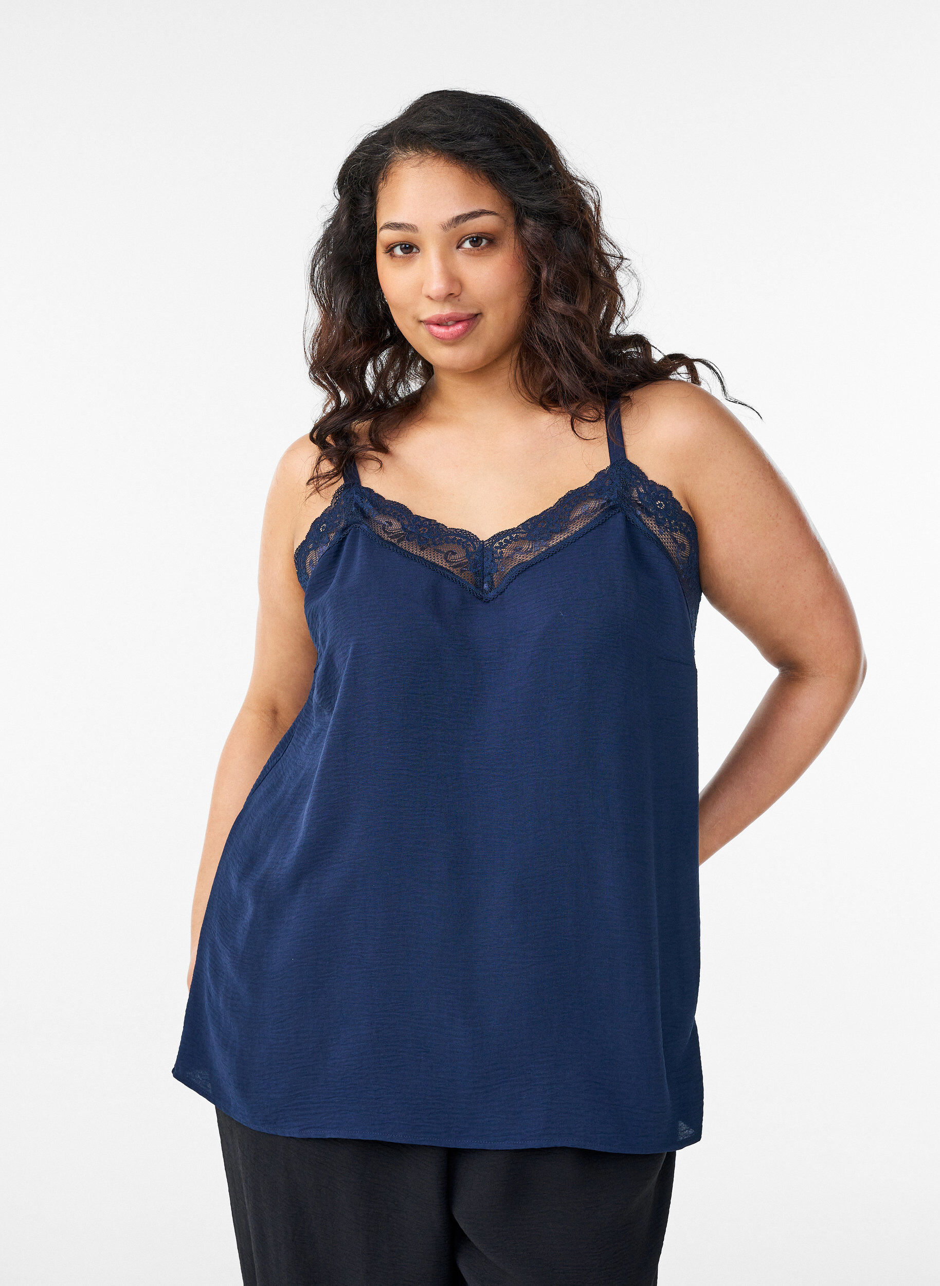 Zizzifashion Cami top with a V-neck and lace trim, Blue, Model image number 0