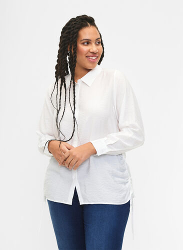 Viscose shirt with ruffle detail, Bright White, Model image number 0
