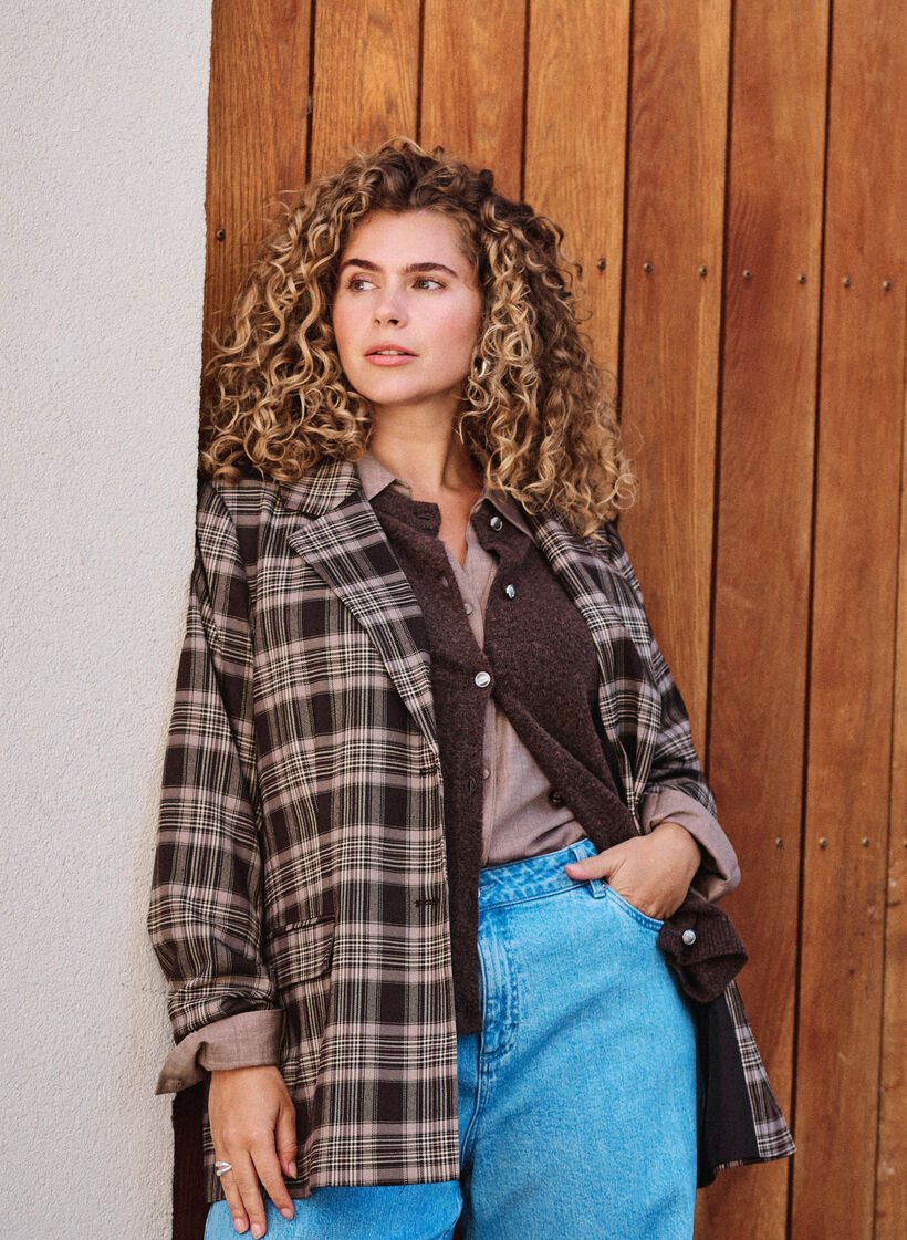 Checked blazer with pockets and back vent, Brown, Image
