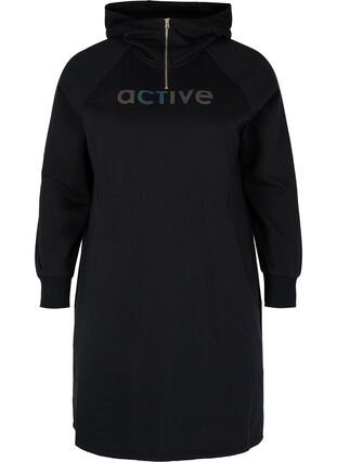 Sweater dress with hood and zip, Black, Packshot image number 0