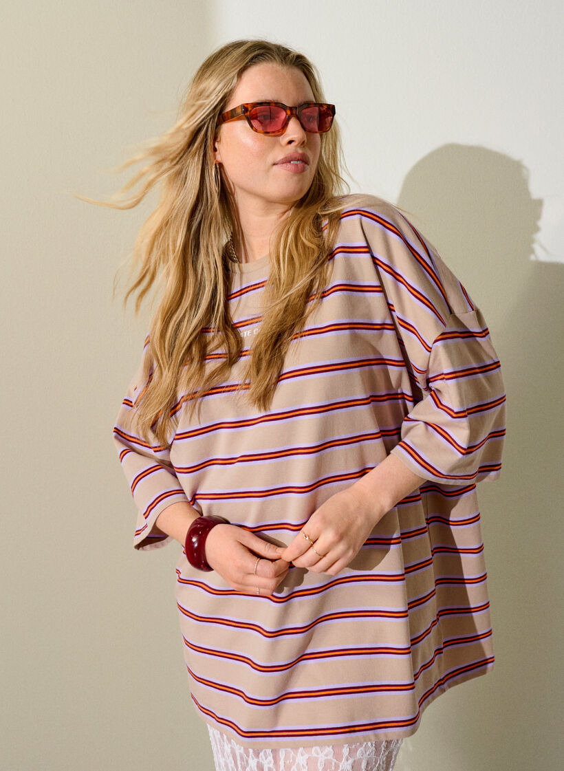 Oversized T-shirt with stripes and 1/2 sleeves, Beige, Image image number 0