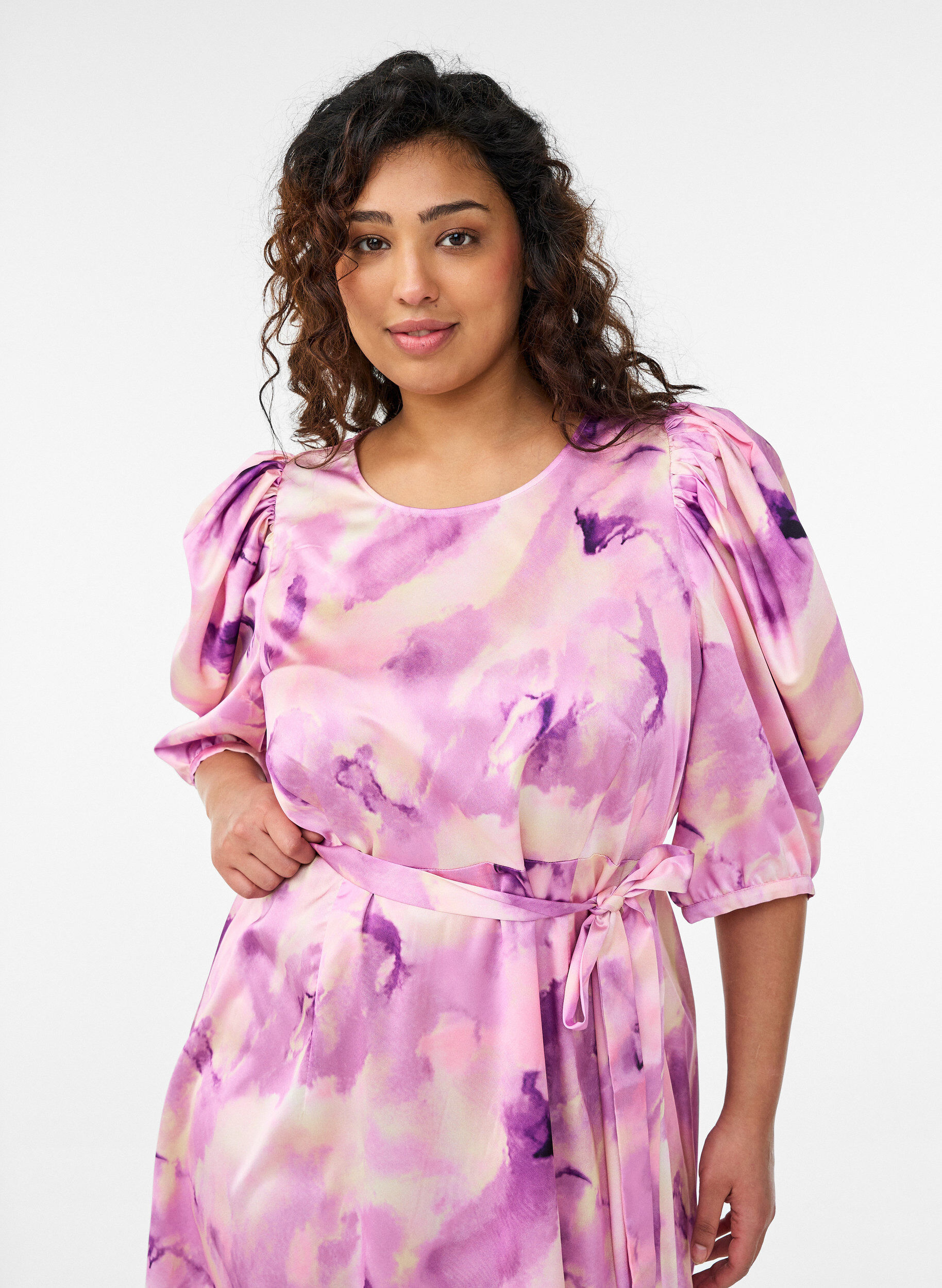 Zizzifashion Short-sleeved party dress with tie-belt, Purple, Model image number 2