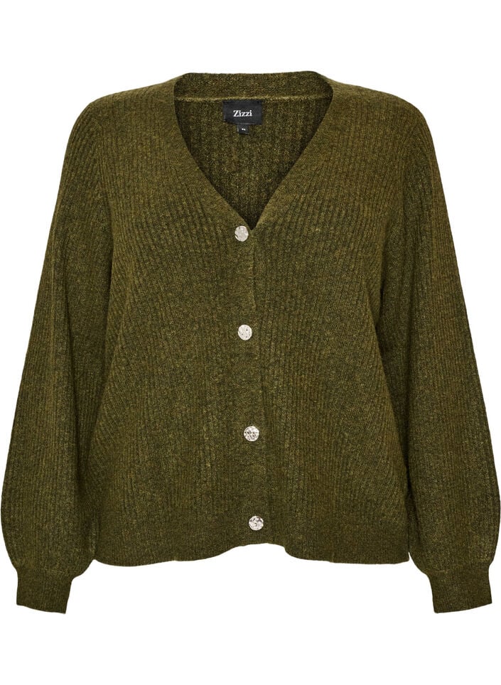Cardigan with V-neck and ribbed texture, Green, Packshot image number 0