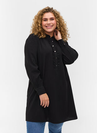 Tunic with buttons and ruffle details, Black, Model image number 0