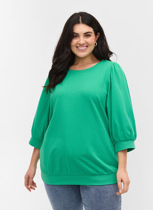 Sweater blouse with rounded neckline and 3/4 sleeves, Mint, Model image number 0