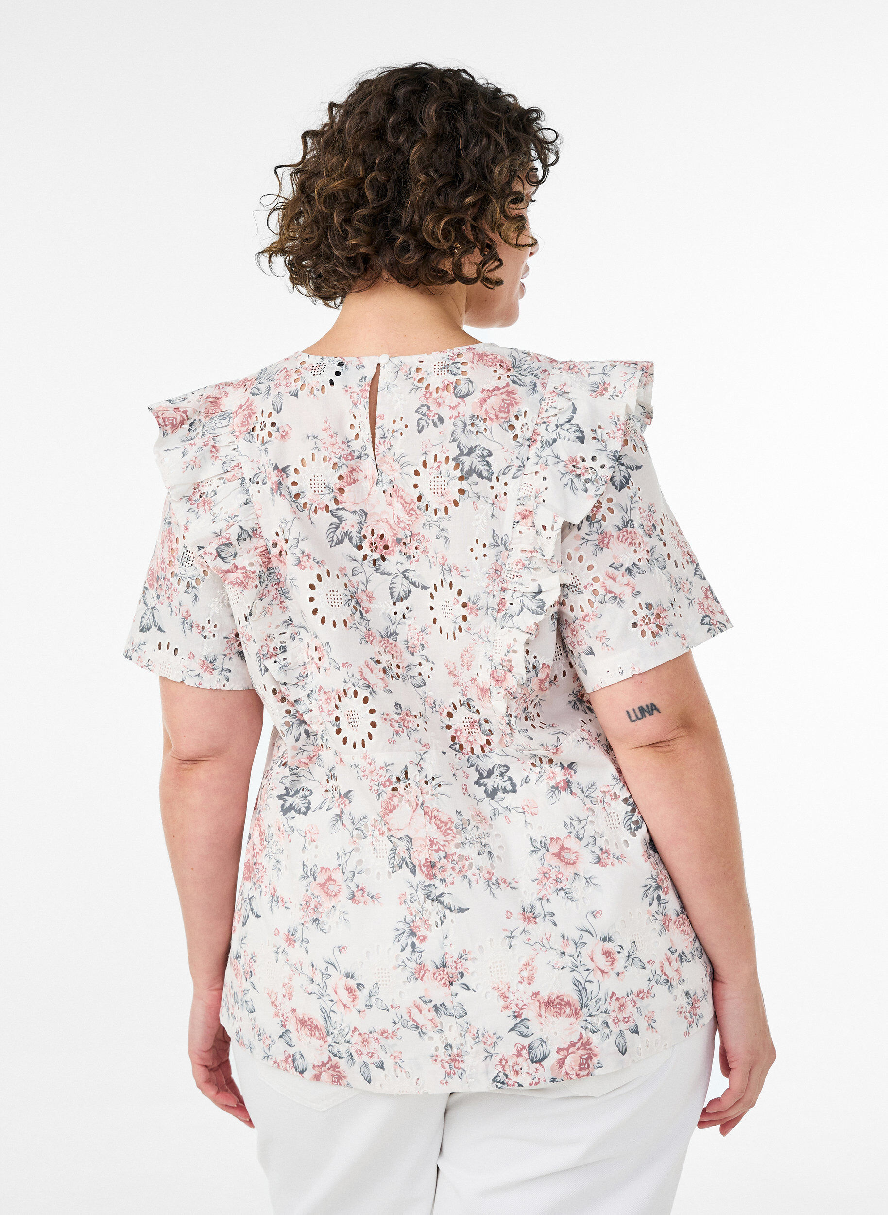 ZizzifashionCotton blouse with broderie anglaise and ruffles, Red, Model image number 2