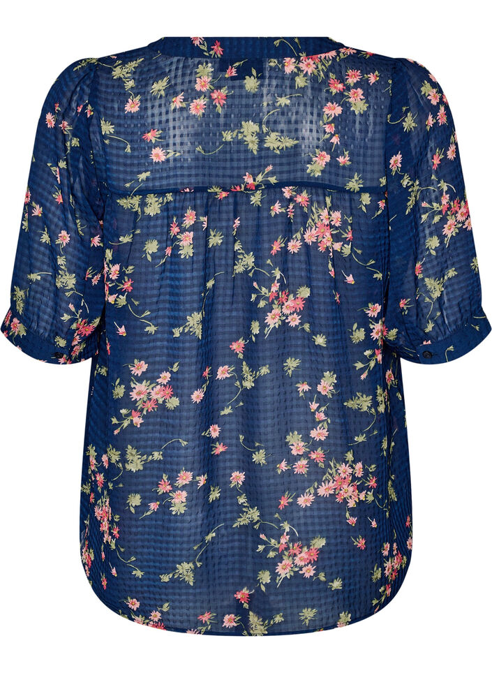 Blouse with floral print and V-neck, Blue, Packshot image number 1