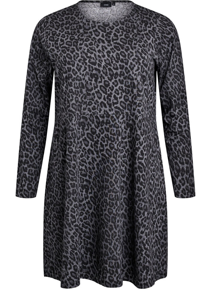 Long-sleeved dress with round neck and leopard print, Dark Grey Leo, Packshot image number 0