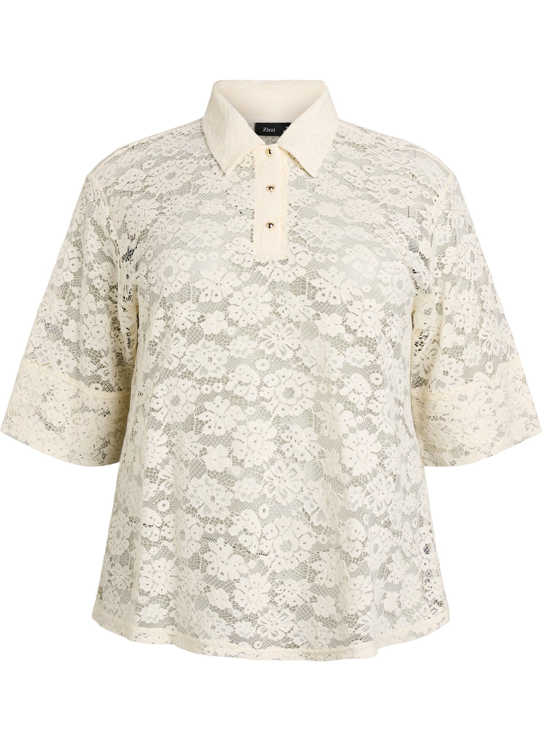 Lace blouse with collar and 1/2 sleeves