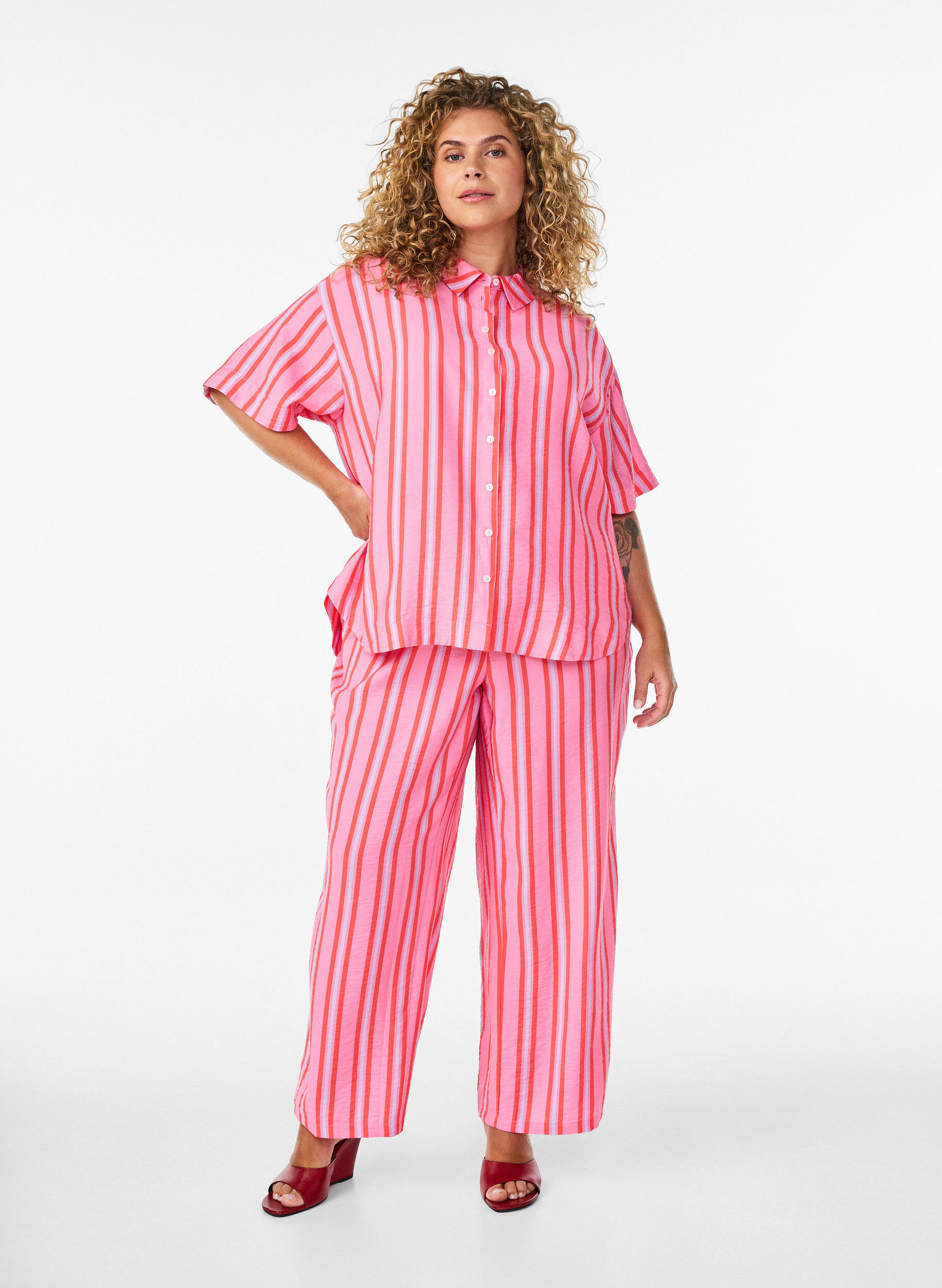 ZizzifashionStriped trousers with a high waist and wide legs, Pink, Model image number 0