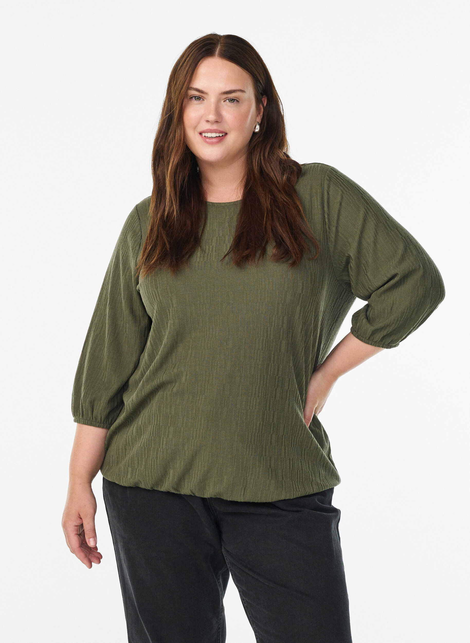 ZizzifashionBlouse with texture and 3/4 sleeves, Green, Model image number 0