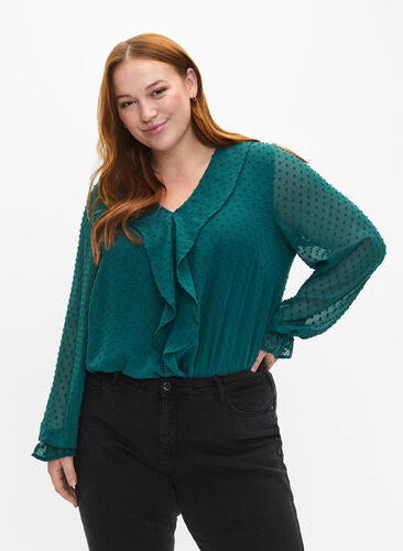 Blouse with ruffles and dotted texture, Shaded Spruce, Model image number 0