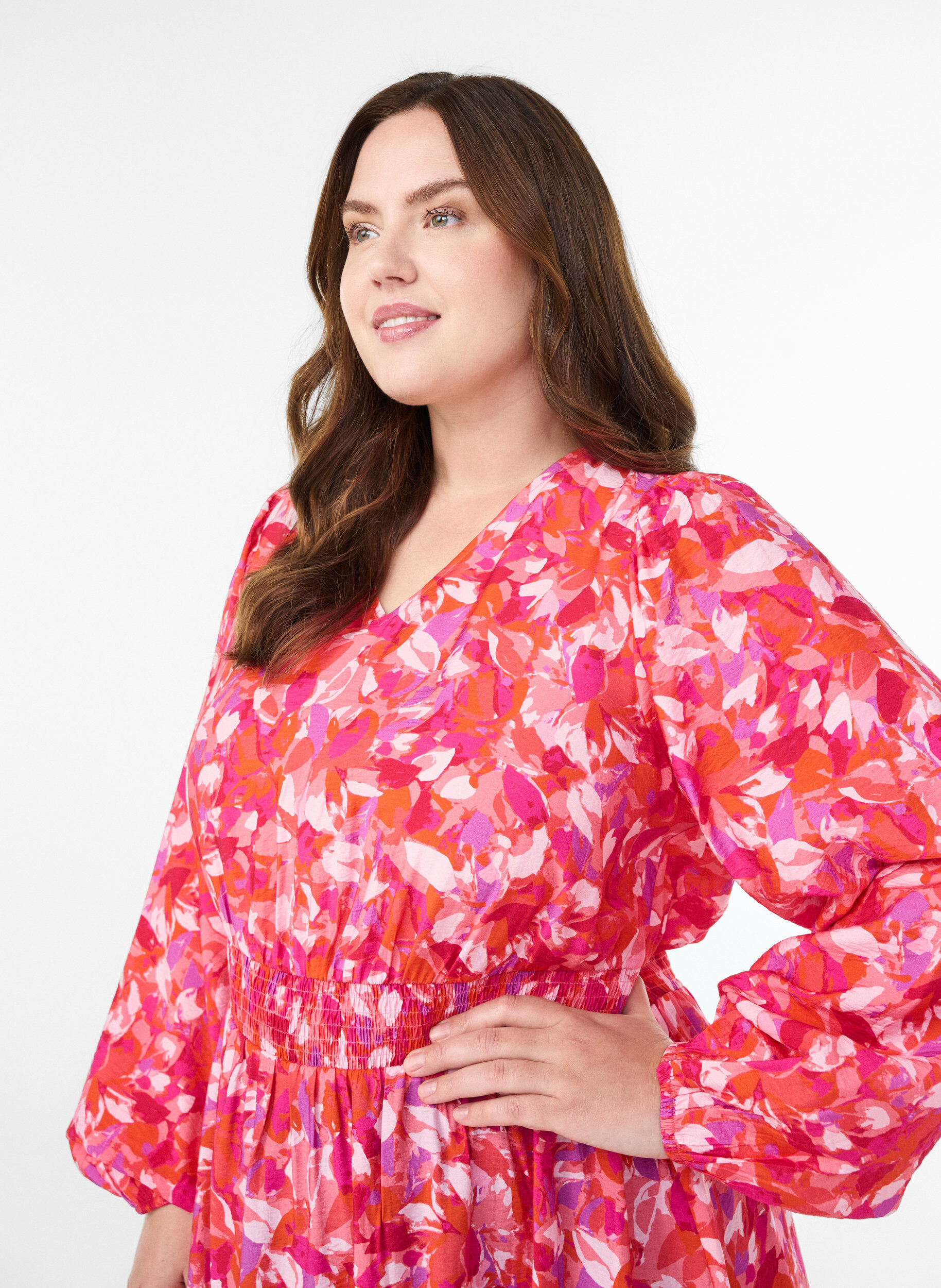 Zizzifashion Midi dress with colourful leaf pattern, Pink, Model image number 3