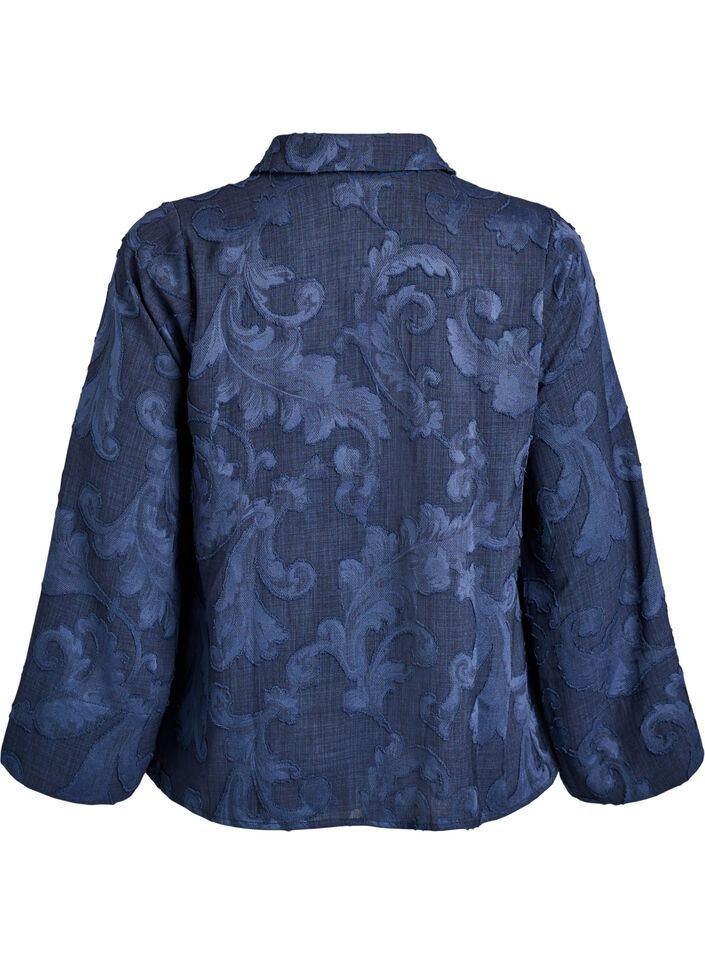 Blouse with a textured woven pattern and V-neck, Blue, Packshot image number 1