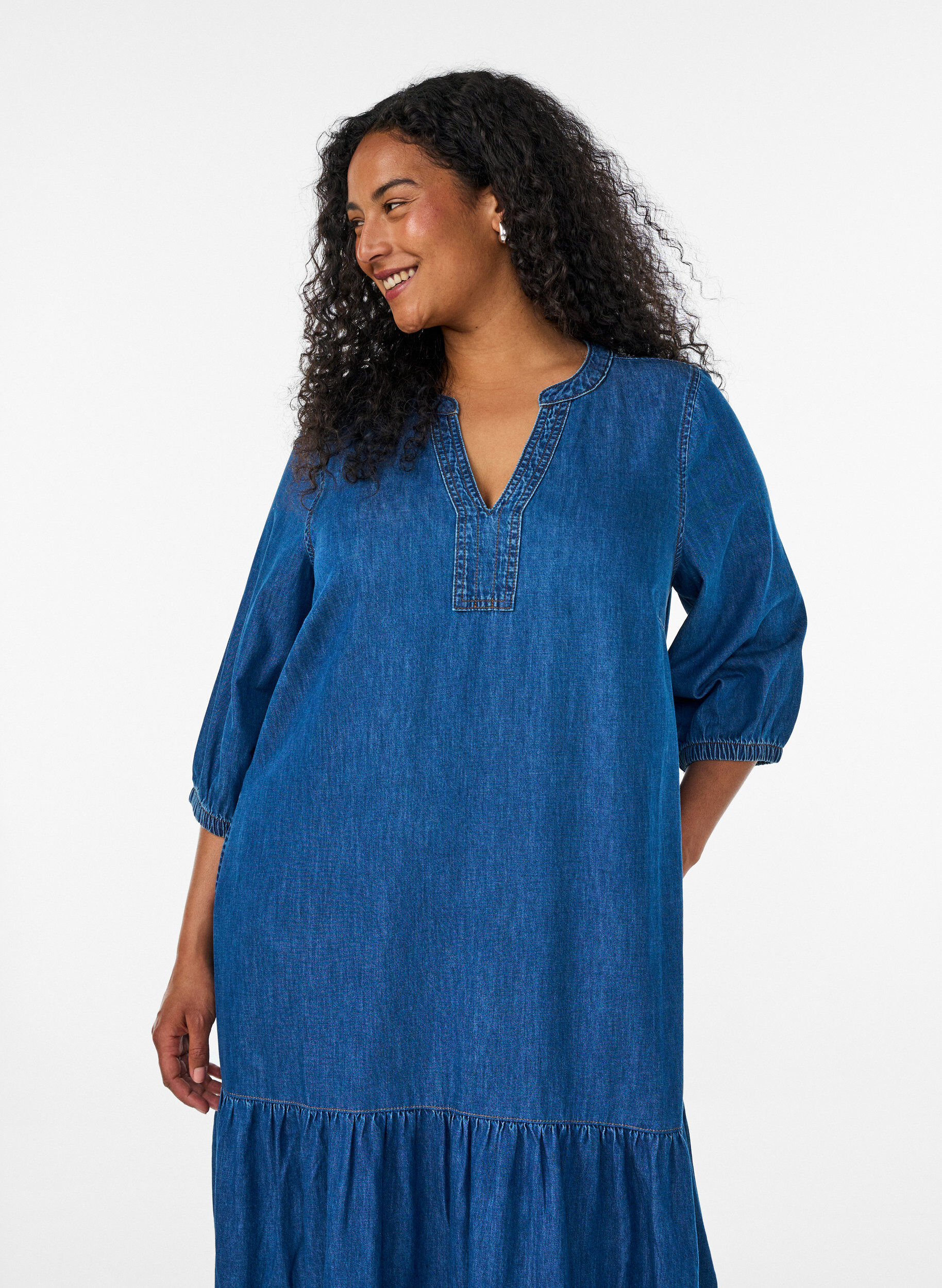 ZizzifashionDenim maxi dress with frilled tiers, Blue, Model image number 2