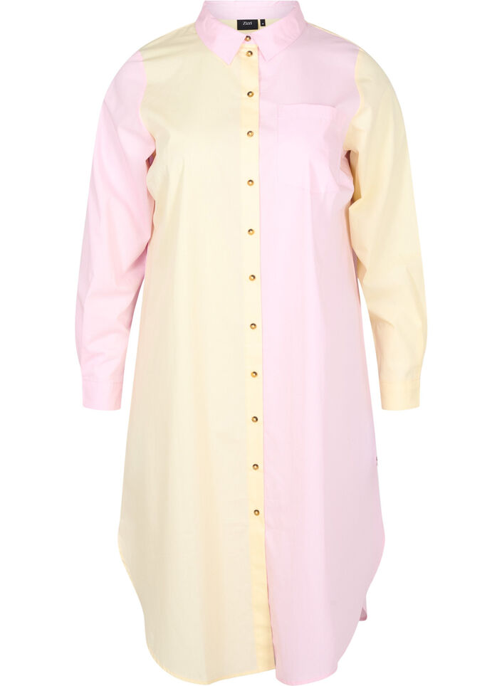 Long cotton shirt with color-block, Popcorn/Pink, Packshot image number 0