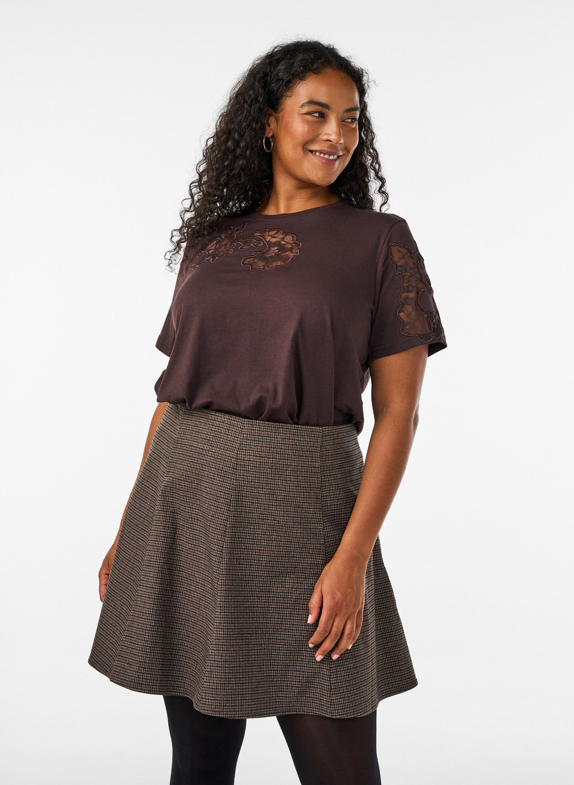 ZizzifashionSmall check A-line skirt, Brown, Model image number 0