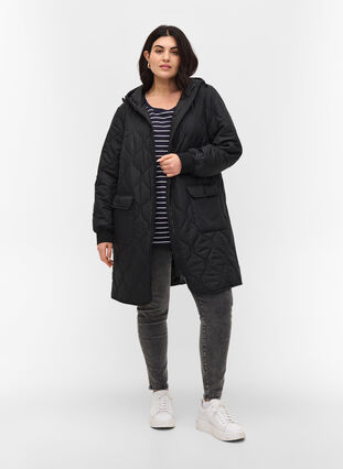 Hooded quilted jacket with large pockets, Black, Model image number 2
