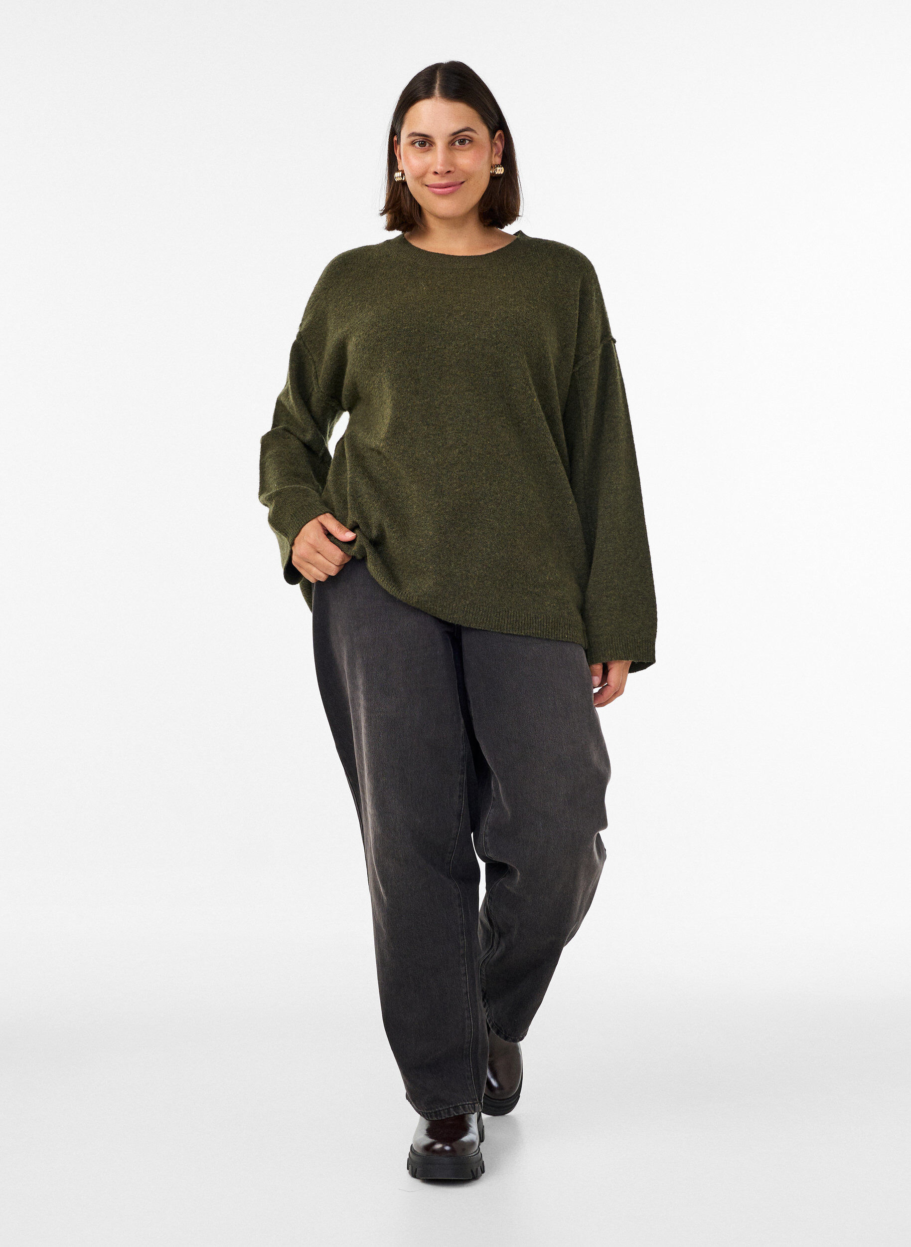ZizzifashionLoose knit sweater with prominent seams, Green, Model image number 1