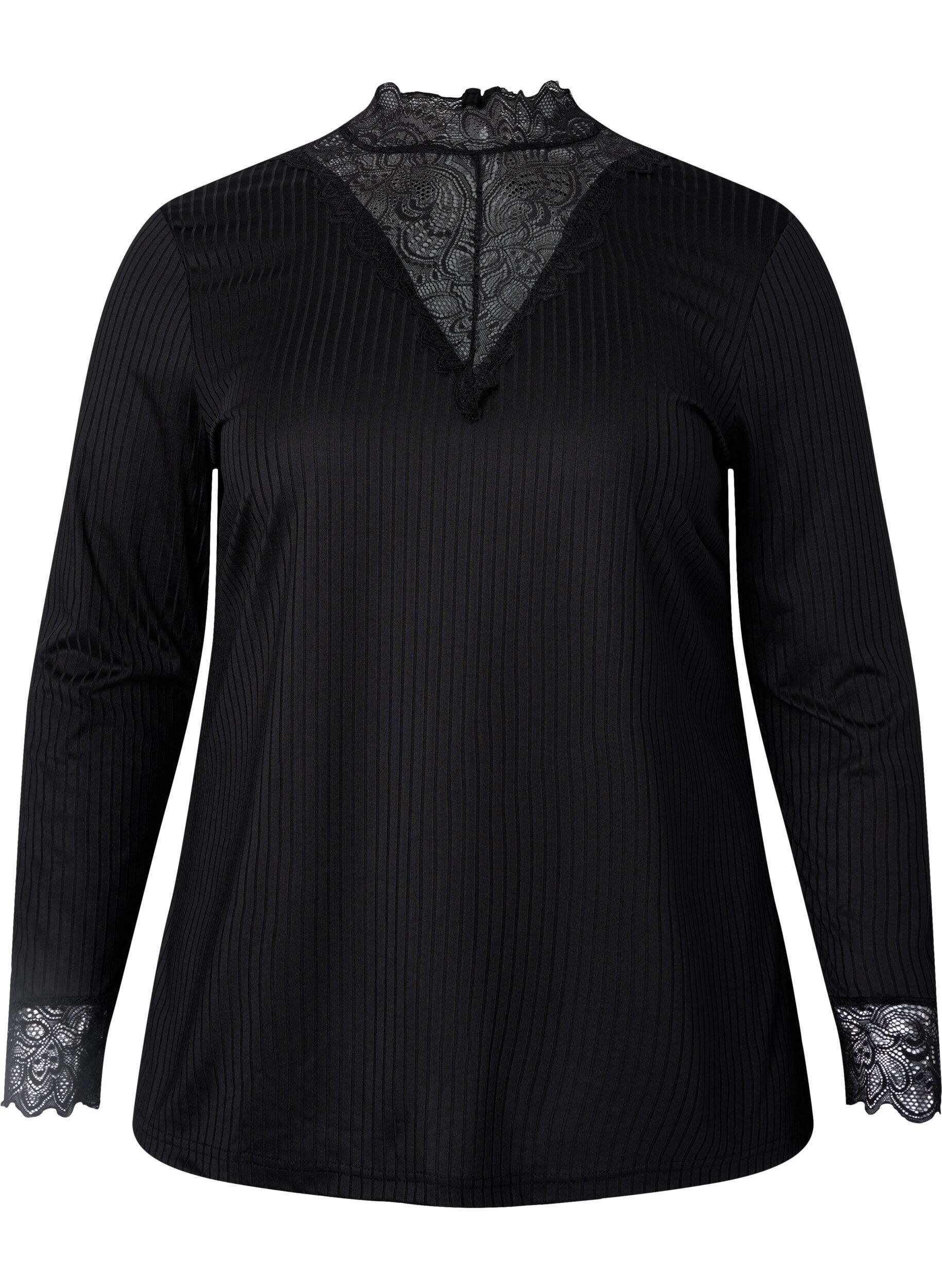 Zizzifashion Blouse with lace and long sleeves, Black, Packshot image number 0