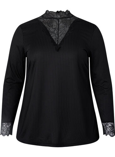 Blouse with lace and long sleeves, Black, Packshot image number 0