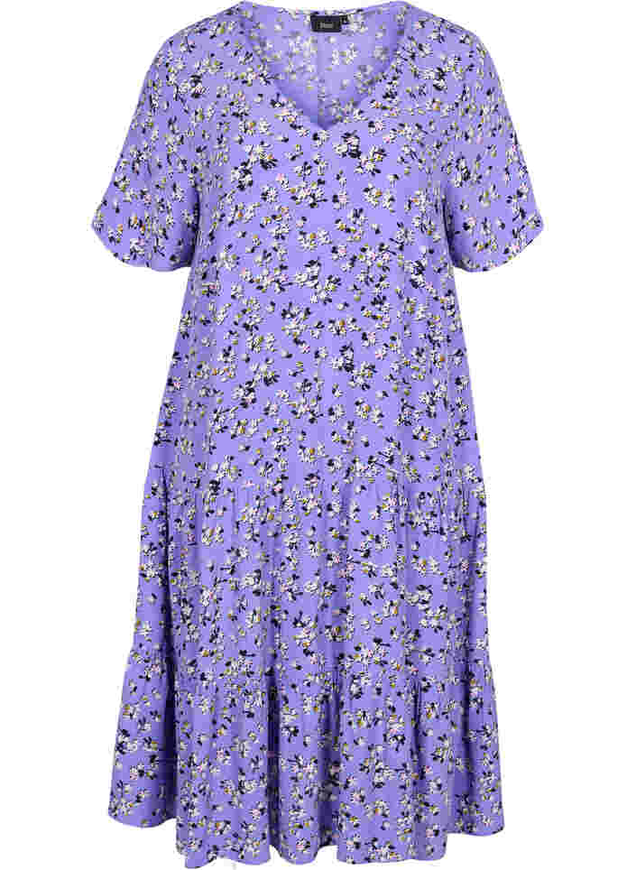 Short sleeved viscose midi dress with floral print, Lilac Flower Print, Packshot image number 0